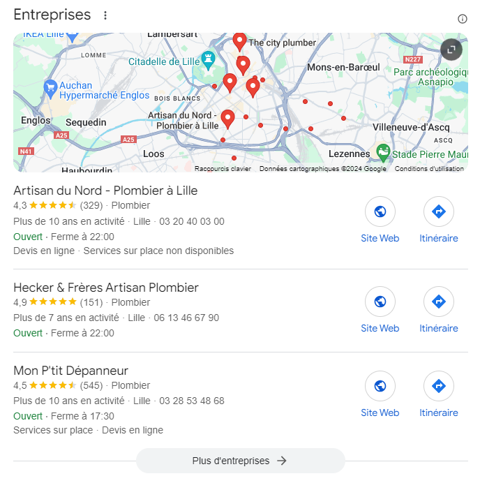 Recherche Google plombier Lille