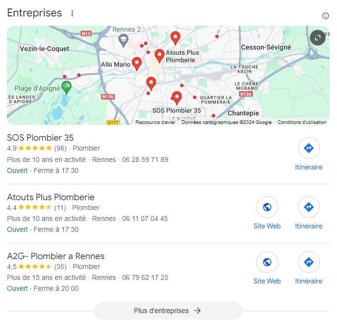 Recherche Google "plombier rennes"