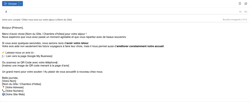 Exemple d'un mail type pour demander un avis client pour un gîte ou chambre d'hôtes