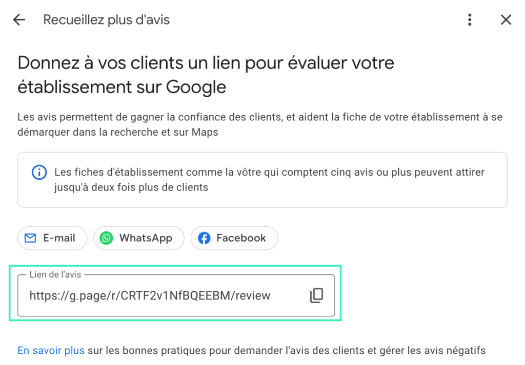 Lien de partage pour laisser un avis sur la fiche Google